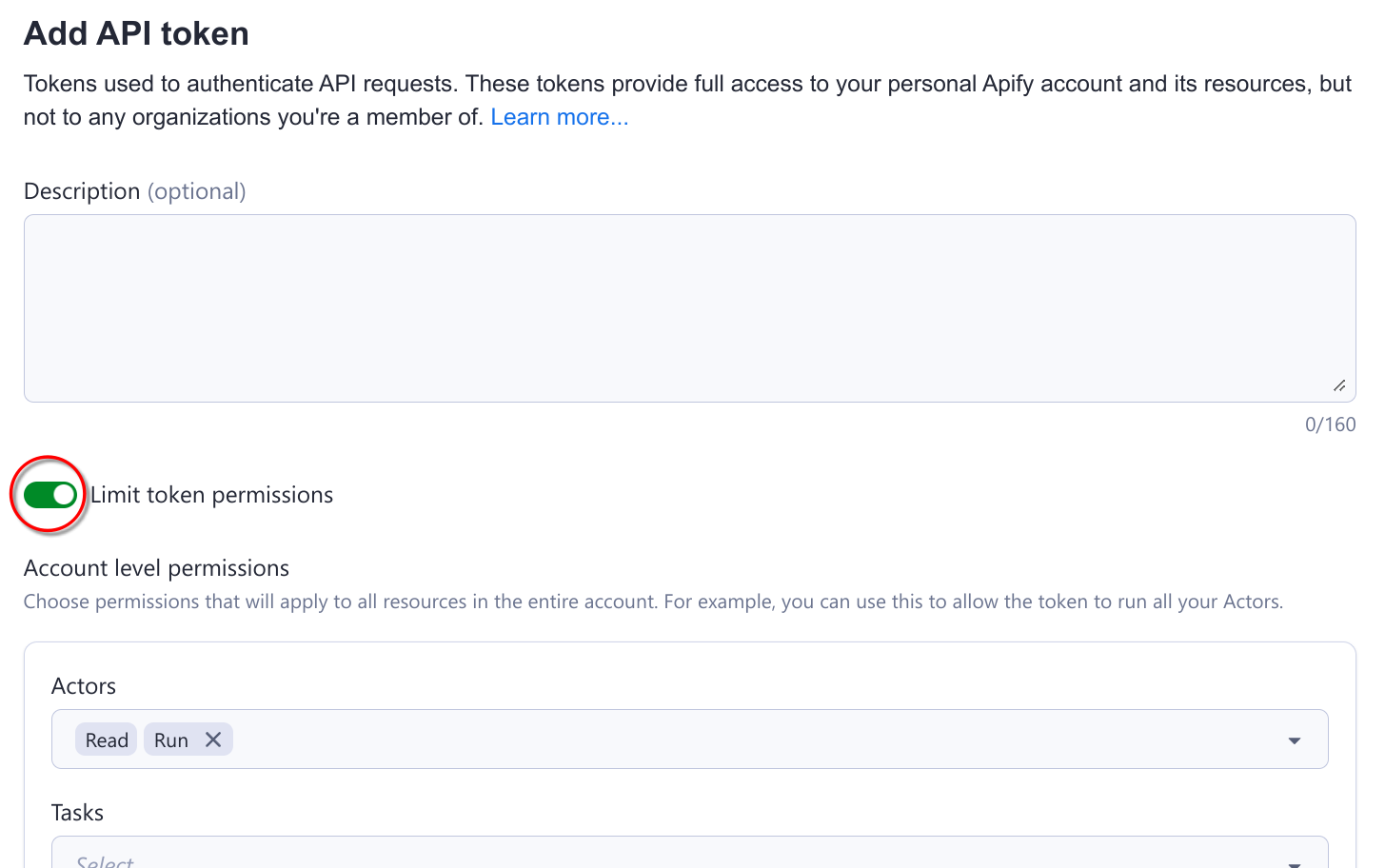 Toggle "Limit token permissions" to make a token scoped