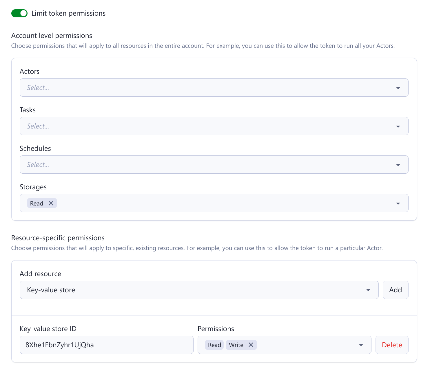 An example scoped token that combines account-level permissions and resource-specific permissions