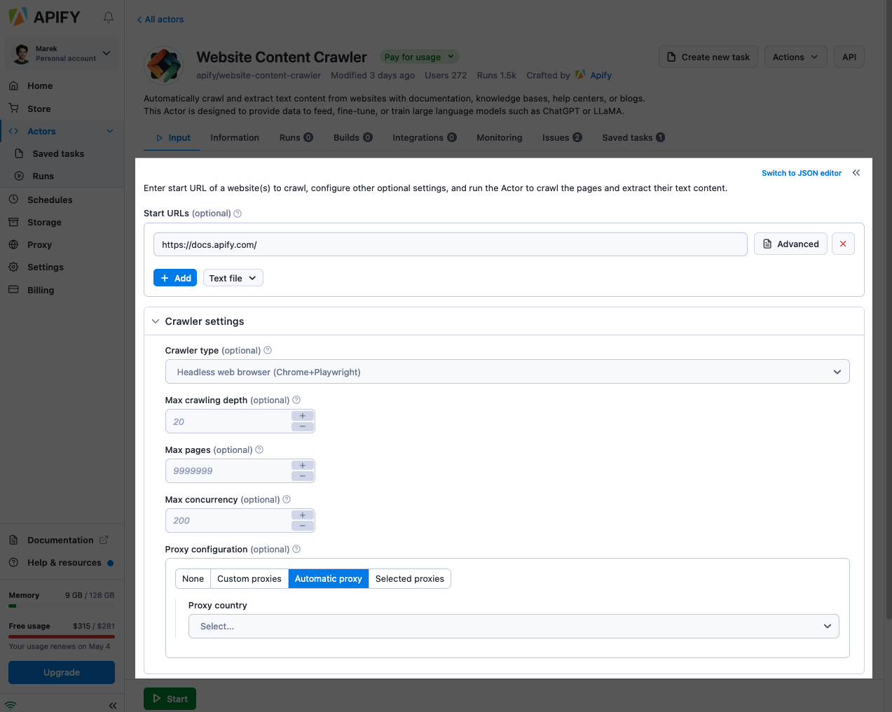 Website Content Crawler input UI