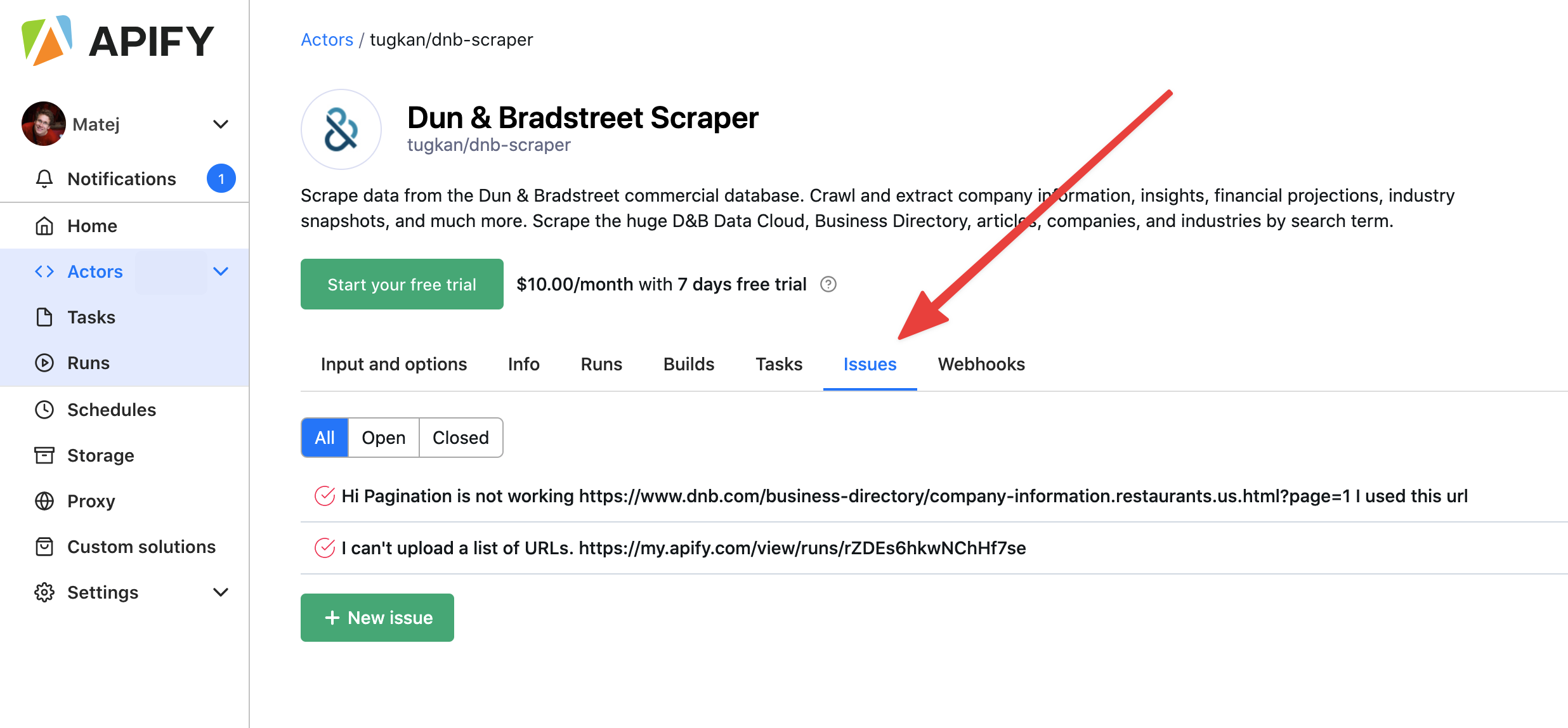 Paid Actors&#39; issues tab
